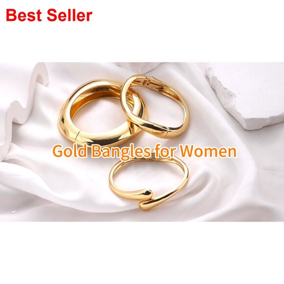 Chunky Gold Plated Bangle Bracelets Set Stackable Wide Cuff - Picture 7 of 7
